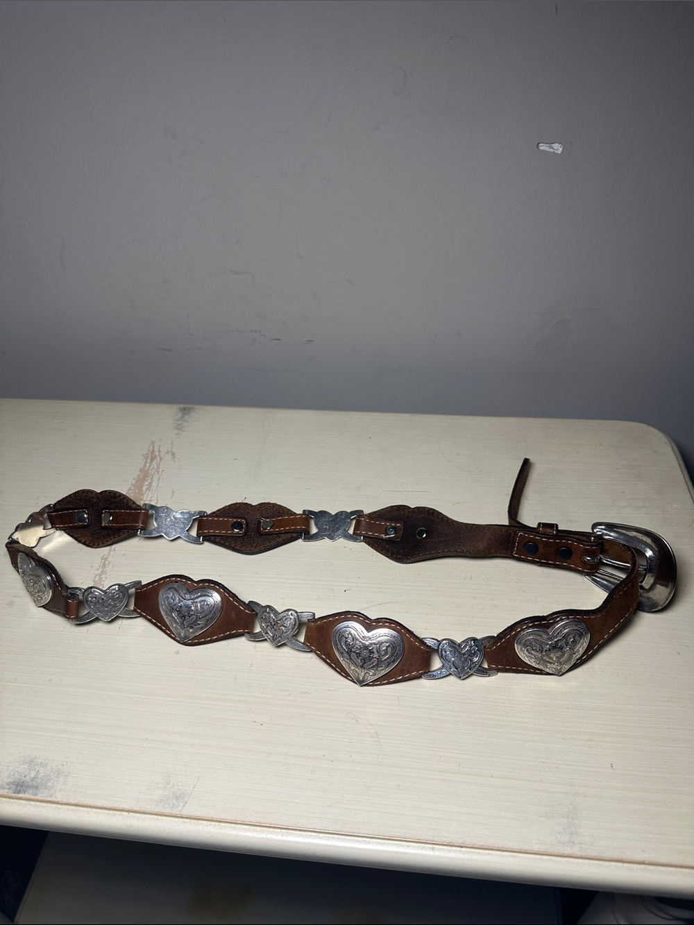 Tony Lama Brown Leather Western Belt with Silver Heart Conchos vintage USA - Picture 7 of 9